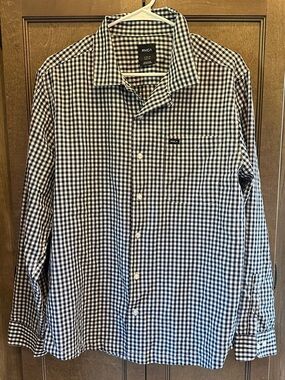 RVCA Men’s Navy and White Gingham Button-Down Shirt Size Large